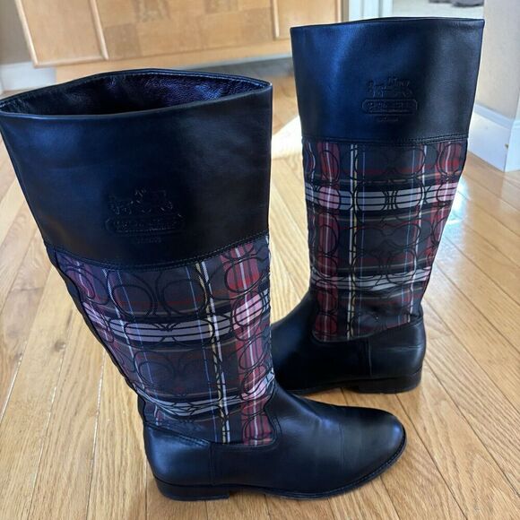 COACH CHRISSI SIGNATURE BLACK Leather Plaid Knee High Riding Boots Sz 7 - Picture 2 of 12
